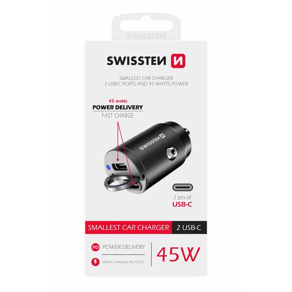 Swissten CL Adaptér Nano Power Delivery 2 x USB-C 45 W, čierna