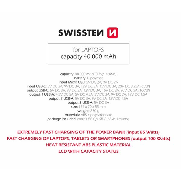 Swissten Power Line powerbanka 40000 mAh 100 W, PD, čierna
