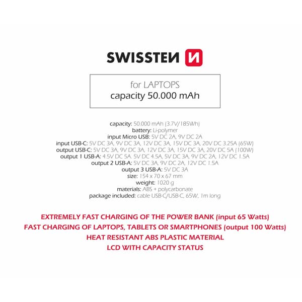 Swissten Power Line powerbanka 50000 mAh 100 W, PD, čierna