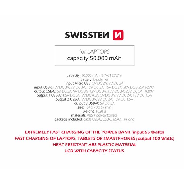 Swissten Power Line powerbanka 50000 mAh 100 W, PD, čierna Swissten Power Line powerbanka 50000 mAh 100 W, PD, čierna
