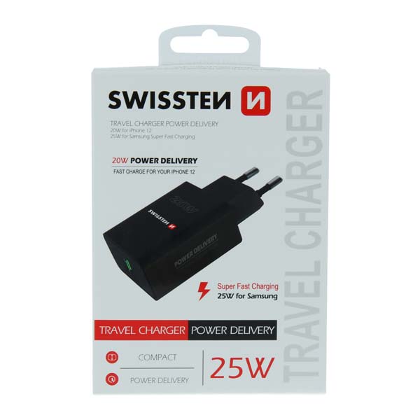 Sieťový Adaptér Swissten pre iPhone a Samsung PD, 25 W, čierna Sieťový Adaptér Swissten pre iPhone a Samsung PD, 25 W, čierna