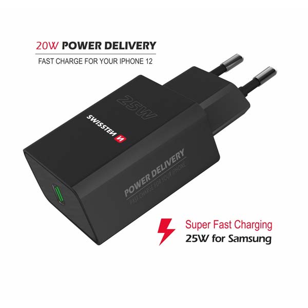 Sieťový Adaptér Swissten pre iPhone a Samsung PD, 25 W, čierna Sieťový Adaptér Swissten pre iPhone a Samsung PD, 25 W, čierna
