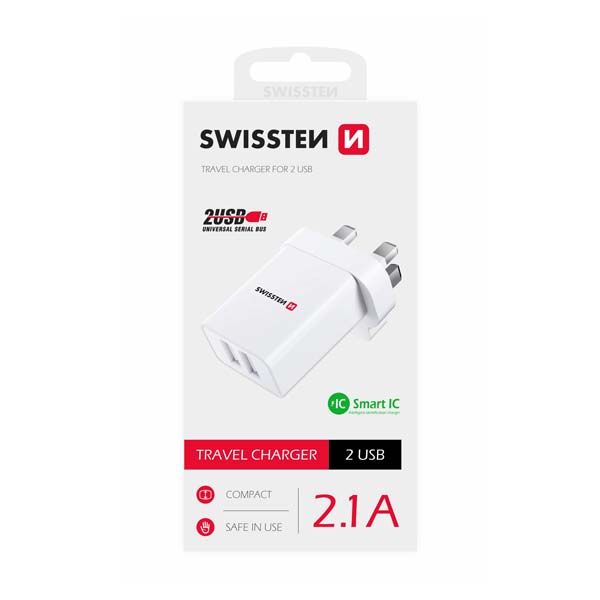Sieťový Adaptér Swissten 2 x USB 10,5 W pre UK, biela