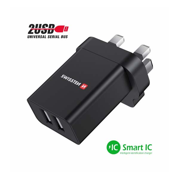 Sieťový Adaptér Swissten 2 x USB 10,5 W pre UK, čierna