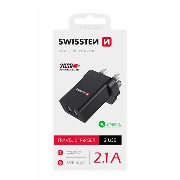 Sieťový Adaptér Swissten 2 x USB 10,5 W pre UK, čierna