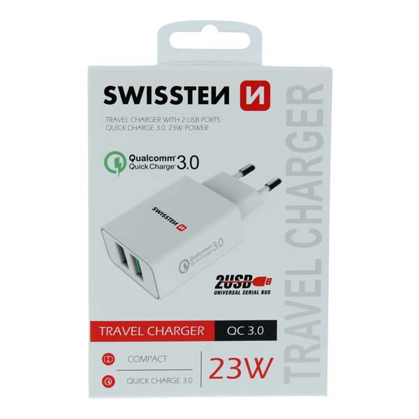 Sieťový Adaptér Swissten 2 x USB QC 3.0 a USB, 23 W, biela