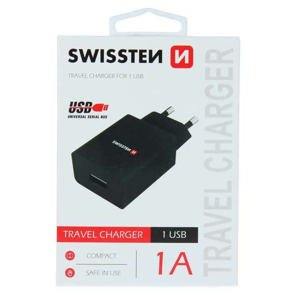 Sieťový Adaptér Swissten Smart IC 1 x USB 1A, čierna