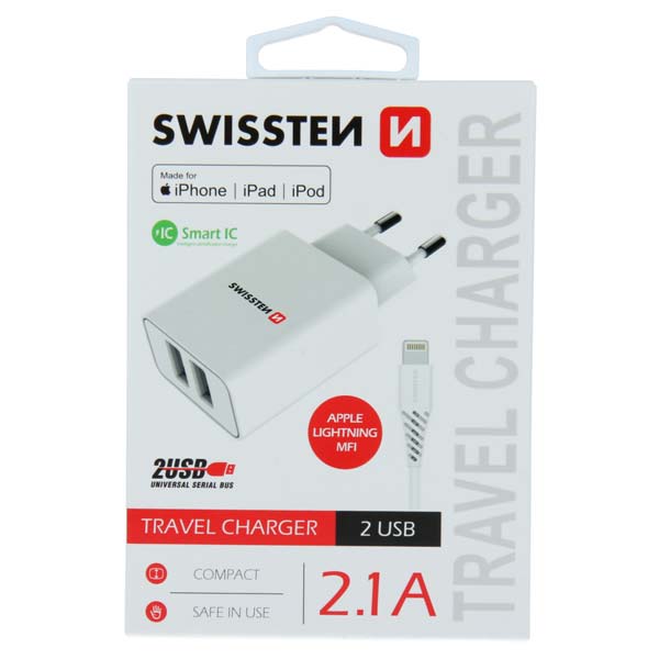 Sieťový Adaptér Swissten Smart IC 2 x USB 2,1A a Dátový kábel USB / Lightning MFi 1,2 m, biela
