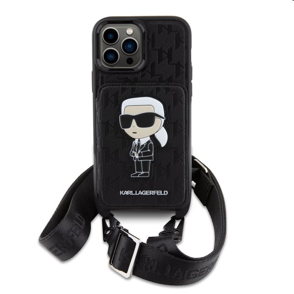 Zadný kryt Karl Lagerfeld Saffiano Monogram Crossbody Ikonik NFT s popruhom pre iPhone 14 Pro, čierna