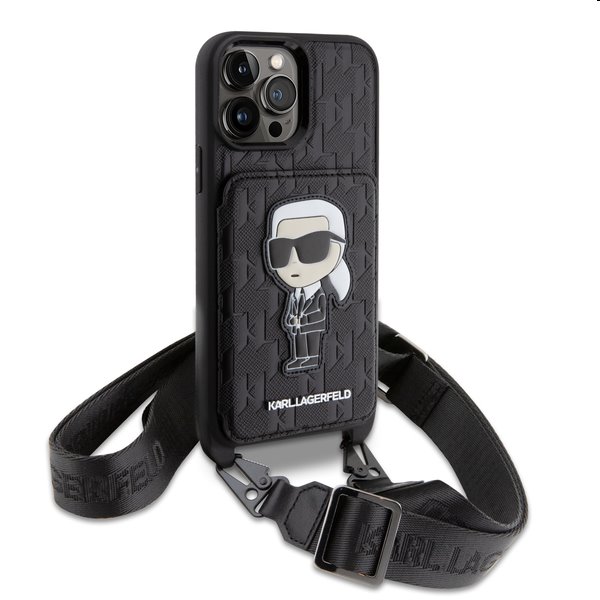 Zadný kryt Karl Lagerfeld Saffiano Monogram Crossbody Ikonik NFT s popruhom pre iPhone 14 Pro, čierna