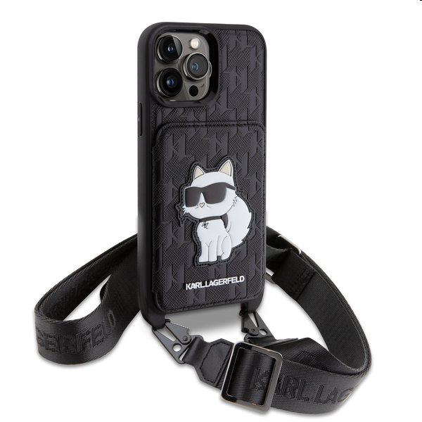 Zadný kryt Karl Lagerfeld Saffiano Monogram Crossbody Choupette NFT Kryt pre Apple iPhone 14 Pro Max, čierna