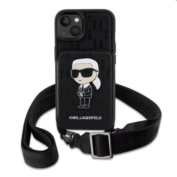 Puzdro Zadný kryt Karl Lagerfeld Saffiano Monogram Crossbody Ikonik NFT s popruhom pre Apple iPhone 14, čierna