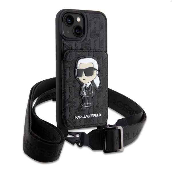 Puzdro Zadný kryt Karl Lagerfeld Saffiano Monogram Crossbody Ikonik NFT s popruhom pre Apple iPhone 14, čierna