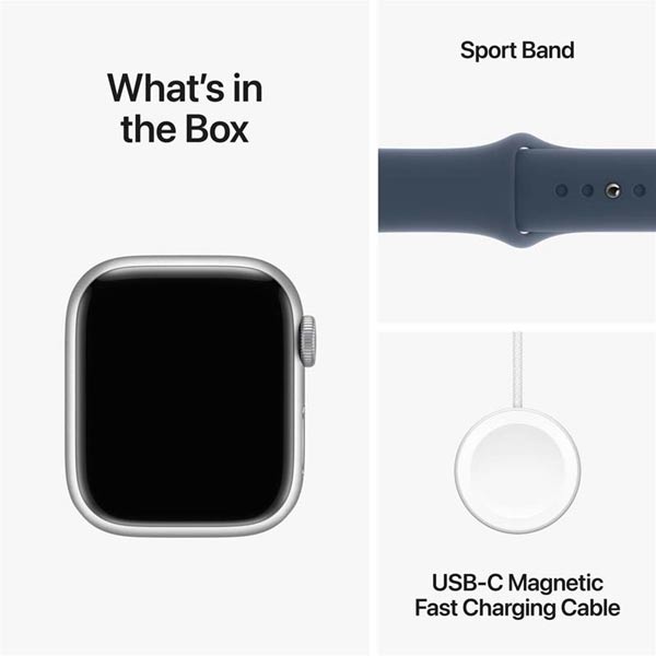 Apple Watch Series 9 GPS 41mm strieborná , hliníkové puzdro so športovým remienkom burková modrá - M/L