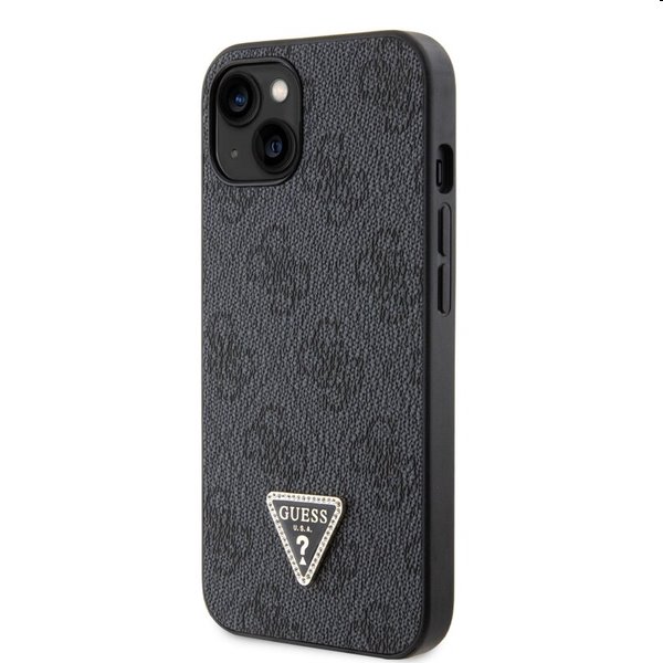 Zadný kryt Guess PU 4G Strass Triangle Metal Logo s popruhom pre iPhone 15, čierna