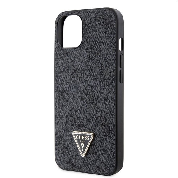 Zadný kryt Guess PU 4G Strass Triangle Metal Logo s popruhom pre iPhone 15, čierna