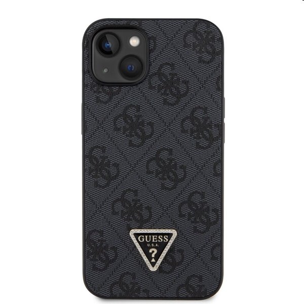Zadný kryt Guess PU 4G Strass Triangle Metal Logo s popruhom pre iPhone 15, čierna