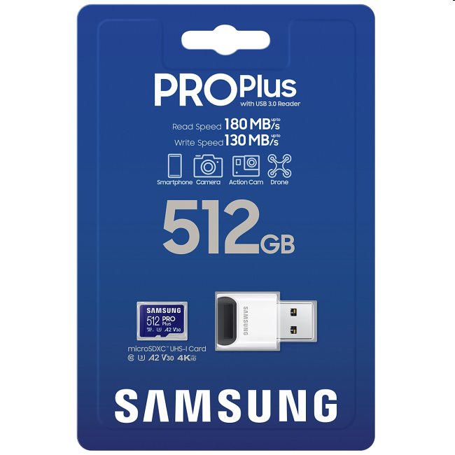 Samsung PRO Plus Micro SDXC 512 GB, USB adaptér Samsung PRO Plus Micro SDXC 512 GB, USB adaptér