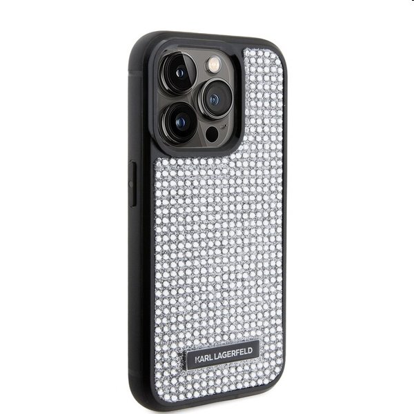 Zadný kryt Karl Lagerfeld Rhinestone Plate Metal Logo pre Apple iPhone 15 Pro, strieborná Zadný kryt Karl Lagerfeld Rhinestone Plate Metal Logo pre Apple iPhone 15 Pro, strieborná