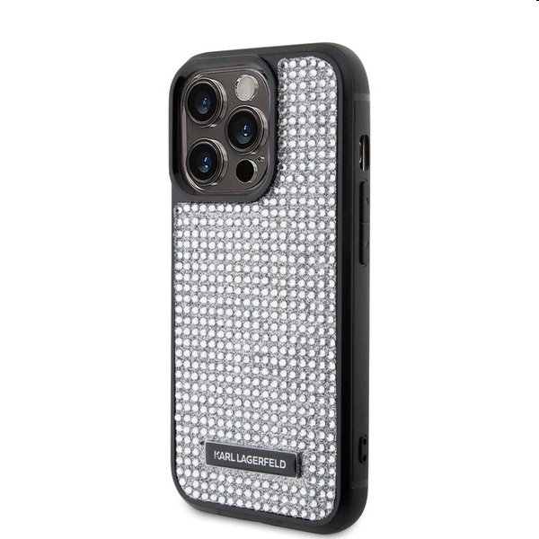 Zadný kryt Karl Lagerfeld Rhinestone Plate Metal Logo pre Apple iPhone 15 Pro, strieborná Zadný kryt Karl Lagerfeld Rhinestone Plate Metal Logo pre Apple iPhone 15 Pro, strieborná