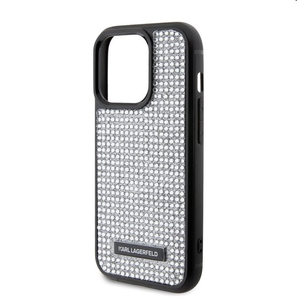 Zadný kryt Karl Lagerfeld Rhinestone Plate Metal Logo pre Apple iPhone 15 Pro, strieborná