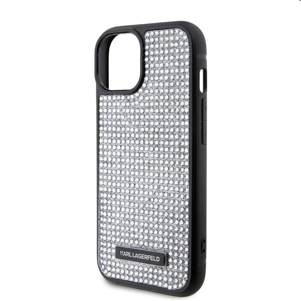 Zadný kryt Karl Lagerfeld Rhinestone Plate Metal Logo pre Apple iPhone 15, strieborná