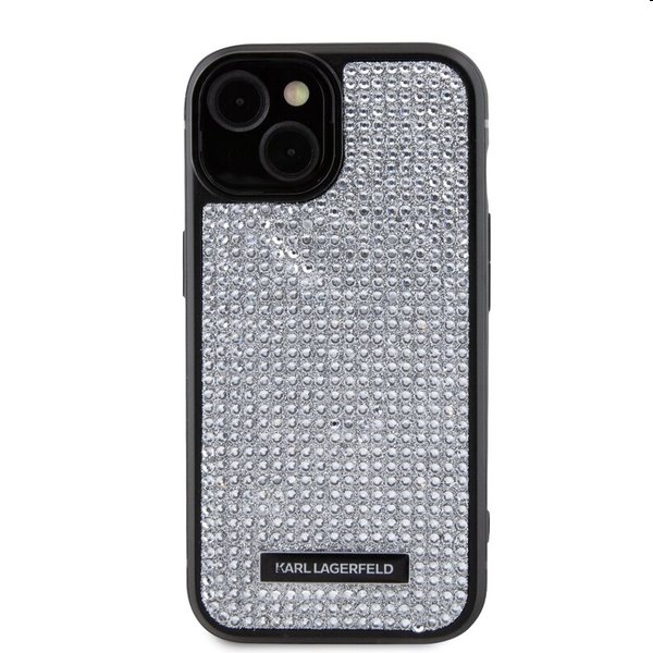 Zadný kryt Karl Lagerfeld Rhinestone Plate Metal Logo pre Apple iPhone 15, strieborná