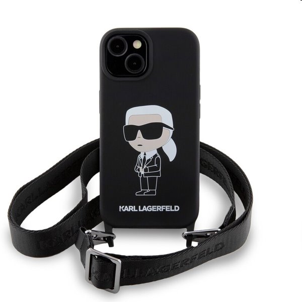 Zadný kryt Karl Lagerfeld Liquid Silicone Crossbody Ikonik s popruhom pre Apple iPhone 15, čierna