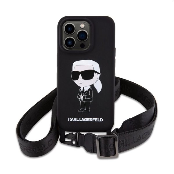 Zadný kryt Karl Lagerfeld Liquid Silicone Crossbody Ikonik s popruhom pre Apple iPhone 15 Pro, čierna