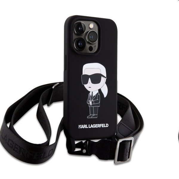 Zadný kryt Karl Lagerfeld Liquid Silicone Crossbody Ikonik s popruhom pre Apple iPhone 15 Pro, čierna