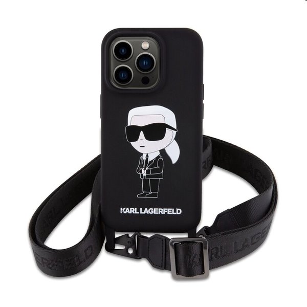 Zadný kryt Karl Lagerfeld Liquid Silicone Crossbody Ikonik s popruhom pre Apple iPhone 15 Pro Max, čierna Zadný kryt Karl Lagerfeld Liquid Silicone Crossbody Ikonik s popruhom pre Apple iPhone 15 Pro Max, čierna