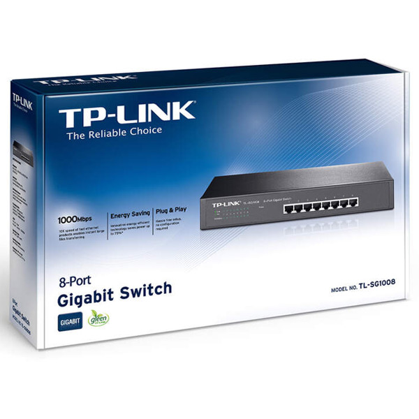 tp-link TL-SG1008, 8 port Gigabit Desktop/Rack Switch, 8x 10/100/1000M RJ45 ports, 13" rack-mountable, steel case