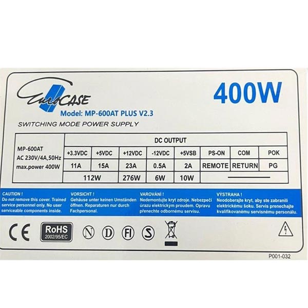 Eurocase 400W-ATX Zdroj, 12 cm ventilátor, CE, CB, PFC, ErP2013 standby <0,5 W Eurocase 400W-ATX Zdroj, 12 cm ventilátor, CE, CB, PFC, ErP2013 standby <0,5 W