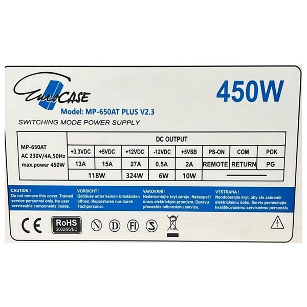 Eurocase 450W-ATX Zdroj, 12 cm ventilátor, CE, CB, PFC, ErP2013 standby <0,5 W, typ.eff.>80 % Eurocase 450W-ATX Zdroj, 12 cm ventilátor, CE, CB, PFC, ErP2013 standby <0,5 W, typ.eff.>80 %