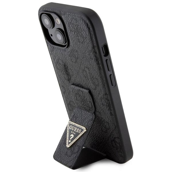 Zadný kryt Guess PU Grip Stand 4G Strass Triangle Metal Logo pre iPhone 15, čierna