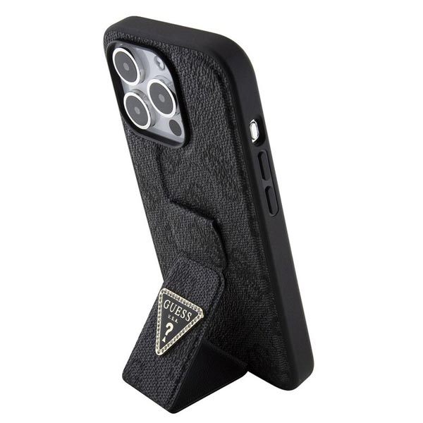 Zadný kryt Guess PU Grip Stand 4G Strass Triangle Metal Logo pre iPhone 15 Pro, čierna