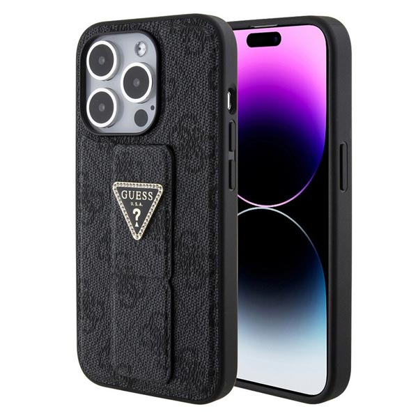Zadný kryt Guess PU Grip Stand 4G Strass Triangle Metal Logo pre iPhone 15 Pro Max, čierna
