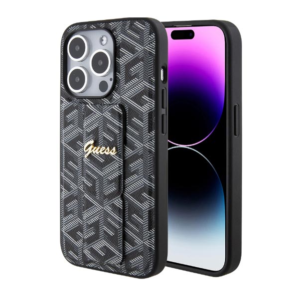 Zadný kryt Guess PU Grip Stand G Cube pre iPhone 15, čierna