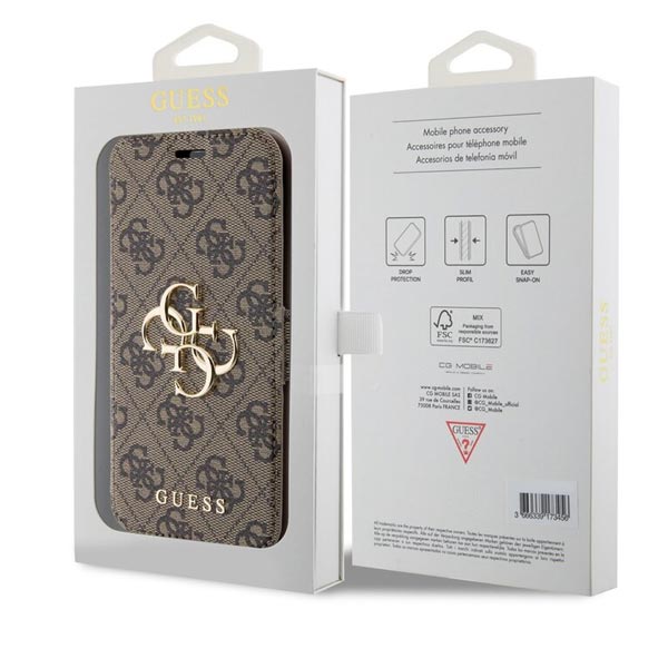 Knižkové puzdro Guess PU Leather 4G Metal Logo pre iPhone 15, hnedá