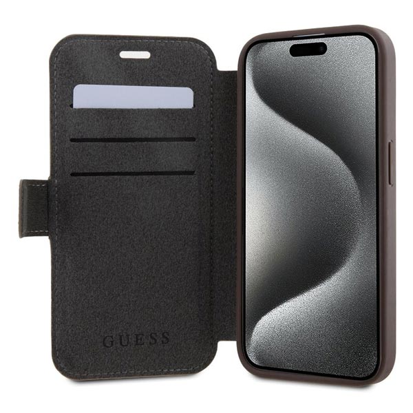 Knižkové puzdro Guess PU Leather 4G Metal Logo pre iPhone 15 Pro Max, hnedá