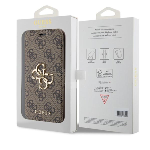 Knižkové puzdro Guess PU Leather 4G Metal Logo pre iPhone 15 Pro Max, hnedá