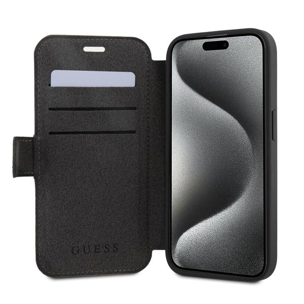 Knižkové puzdro Guess PU Leather 4G Metal Logo pre iPhone 15 Pro Max, šedá
