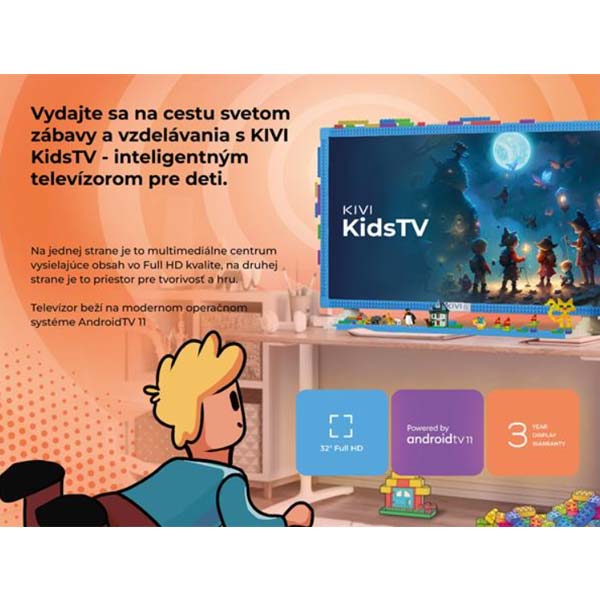 KIVI TV pre deti, 32" (81cm), FHD, Android TV 11, 1920x1080, ochranné sklo, nočné svetlo KIVI TV pre deti, 32" (81cm), FHD, Android TV 11, 1920x1080, ochranné sklo, nočné svetlo