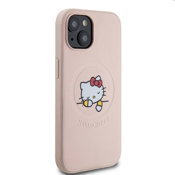 Zadný kryt Hello Kitty PU Kitty Asleep Logo MagSafe pre Apple iPhone 15, ružová