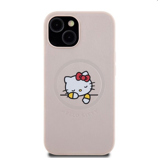 Zadný kryt Hello Kitty PU Kitty Asleep Logo MagSafe pre Apple iPhone 15, ružová