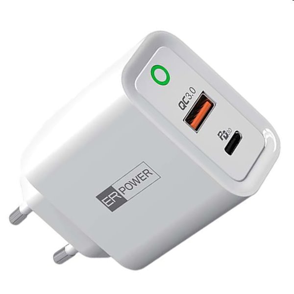 ER POWER Sieťová nabíjačka s USB-C/USB-A EU, PD, QC, biela ER POWER Sieťová nabíjačka s USB-C/USB-A EU, PD, QC, biela