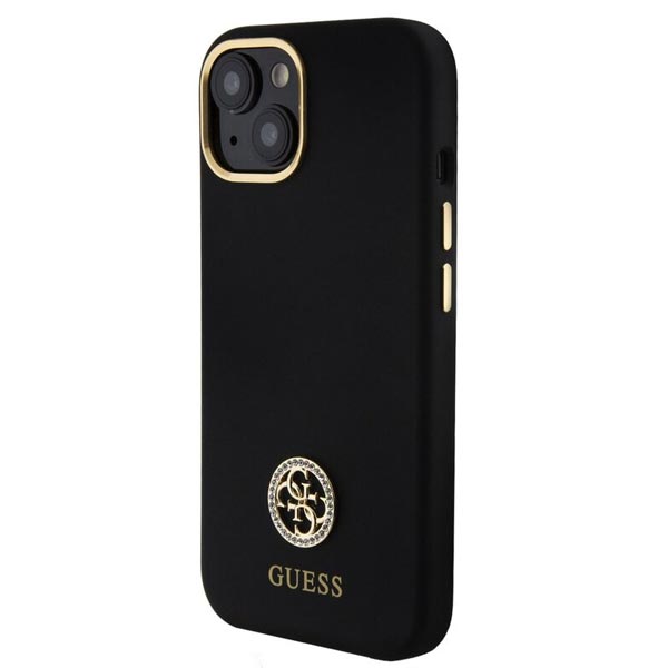 Zadný kryt Guess Liquid Silicone 4G Strass Metal Logo pre iPhone 15, čierna