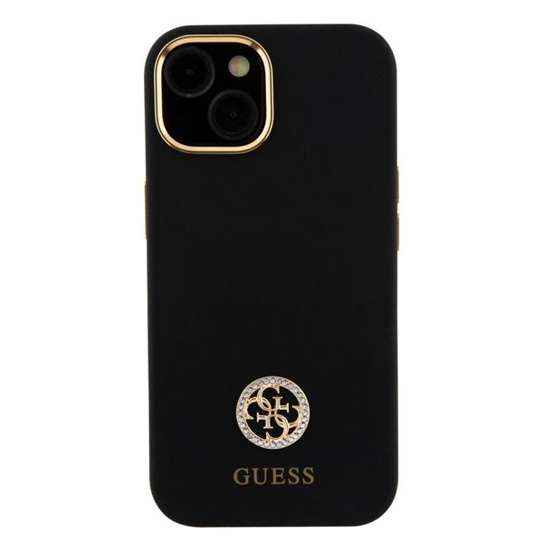 Zadný kryt Guess Liquid Silicone 4G Strass Metal Logo pre iPhone 15, čierna