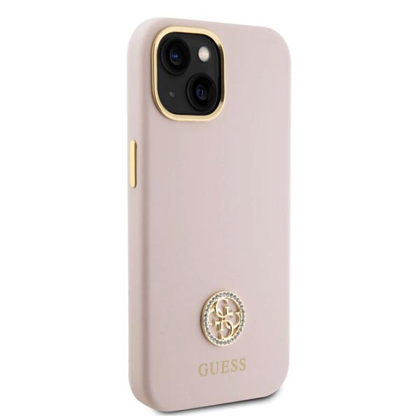 Zadný kryt Guess Liquid Silicone 4G Strass Metal Logo pre iPhone 15, ružová