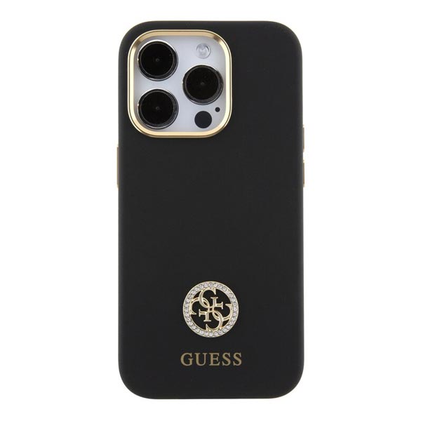 Zadný kryt Guess Liquid Silicone 4G Strass Metal Logo pre iPhone 15 Pro, čierna